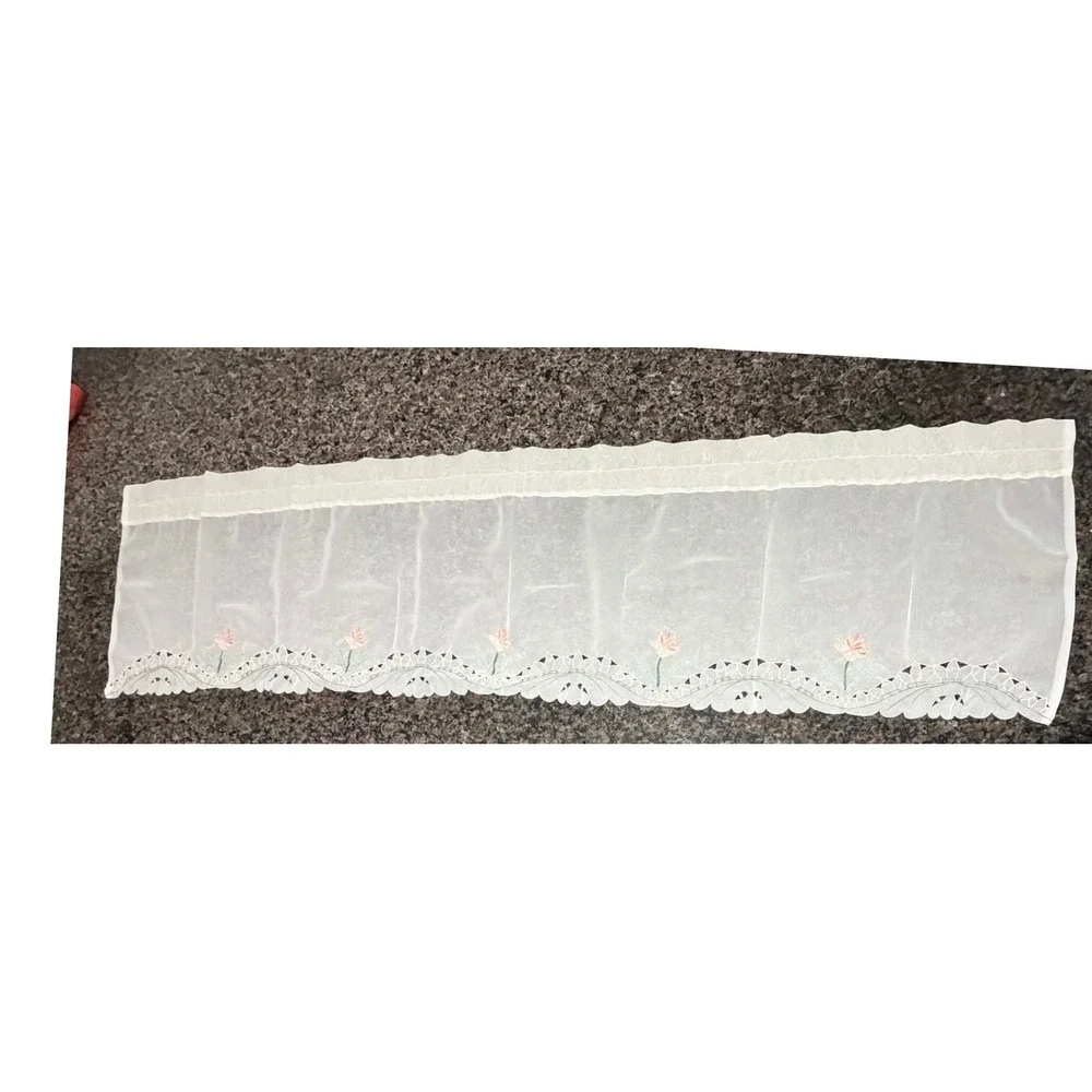 Set‎ of 2 Vintage Sheer White Floral Embroidered Scalloped Valance Curtain 58x14